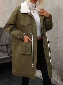 SHEIN LUNE Women's Drawstring Waist Long Padded Padded Coat Clothes Winter With Collar Fall Cloth For Women - Army Green - View 3