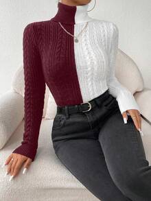 SHEIN Essnce Cable Knit Two-Tone Sweater - Burgundy - View 3
