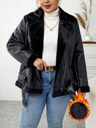 Calvaya Giacca casual da motociclista tinta unita con fodera termica, per autunno/inverno, taglie comode