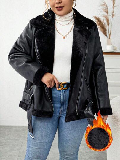 Calvaya Plus Size Solid Color Termofodrad Casual Biker-jacka, höst/vinter