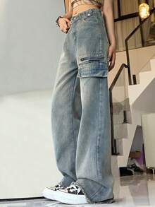 Zipper Detail Wide Leg Jeans - Medium Wash - View 3
