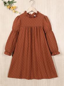 SHEIN Tween 女孩瑞士圓點荷葉邊袖連身裙 - 棕色 - 查看 1