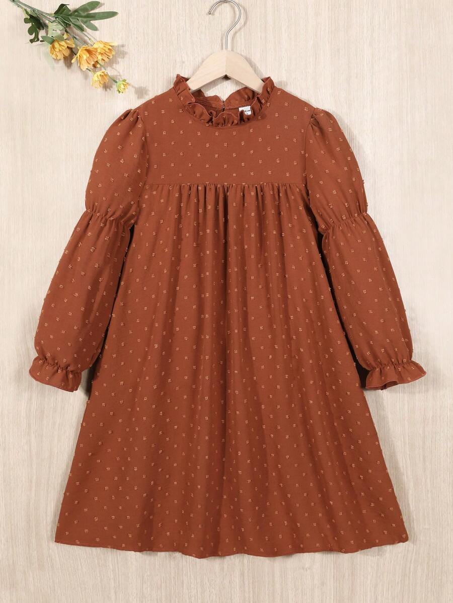 SHEIN Tween 女孩瑞士圓點荷葉邊袖連身裙 - 棕色 - 查看 1