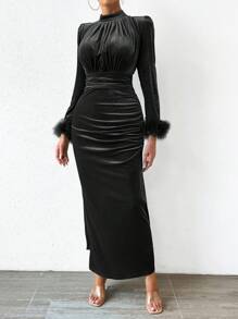 SHEIN Privé Của phụ nữ Nhung Đầm Với Cắt tỉa Cổ tay áo , Đứng cổ áo Và Xếp - màu đen - Xem 5