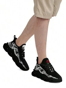 Men's Skull & Hand Bone Print Trail Running Shoes With Blade Outsole, Comfortable Breathable Lightweight Shock Absorption Cushioned Soft Sole