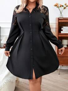 Calvaya Ladies' Spliced Lace Shirt Dress - Black - View 7