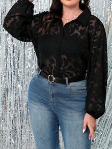 SHEIN Clasi 大尺碼燈籠袖提花網紗襯衫