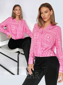 SHEIN BIZwear 女性幾何印花襯衫,全面印花設計 - 玫紅色 - 查看 1