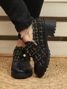 秋冬新品格子拼花蝴蝶結女式正裝鞋厚底高跟復古樂福鞋 - 黑色 - 查看 4