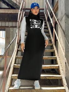 SHEIN EZwear 女款大尺碼睫毛印花高領拼色連身裙 - 黑與白 - 查看 3