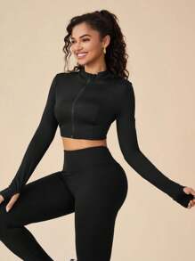 Color Block Zipper Front Tight Fit Short Sports Jacket - Black - View 6