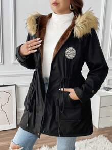 Calvaya Plus Patched Detail Ściągacz w pasie Fuzzy Trim Kaptur Parka Pikowana kurtka Ubrania zimowe termiczne - Czarne - Zobacz 6