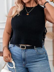 Calvaya Plus Size Knitted Short Top With Side Strap Detail - Black - View 8