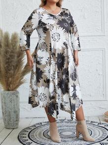 EMERY ROSE Vestido Impresso De Gola Redonda Para Mulheres Plus Size - Caqui - Ver 4