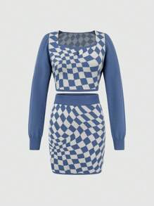 SHEIN Unity Của phụ nữ Xanh Kẻ sọc Áo len Và Váy len nửa mảnh Bộ - Màu xanh lam - Xem 1