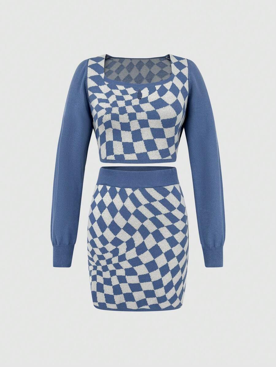 SHEIN Unity Của phụ nữ Xanh Kẻ sọc Áo len Và Váy len nửa mảnh Bộ - Màu xanh lam - Xem 1