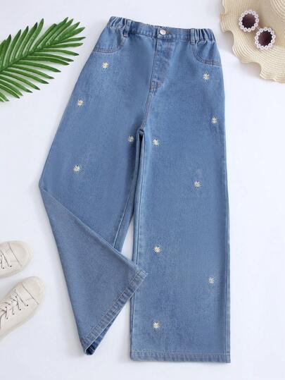青少女基礎休閒鄉村風格印花刺繡寬鬆鑲邊七分褲