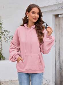 SHEIN LUNE 女款純色抽繩連帽落肩百褶袖運動衫 - 粉色 - 查看 3