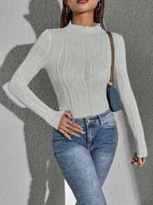 SHEIN Essnce Màu thuần Một nửa Áo cao cổ Tay áo dài Áo thun - Màu Xám nhạt - Xem 5