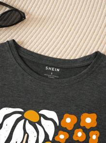 SHEIN LUNE 女款花卉印花短袖 T 卹 - 深灰色 - 查看 3