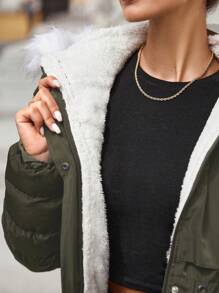 EURMUSE 腰部抽繩毛茸邊連帽派克大衣