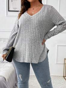 SHEIN Plus V Neck Marled Knit Tee Fall Cloth For Women - Light Grey - View 5