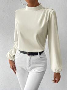 SHEIN Privé This Week Bishop Sleeve Mock Neck Blouse - Apricot - View 1