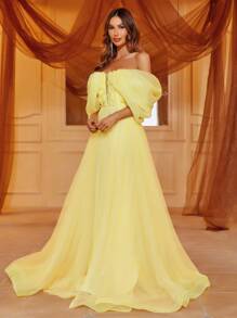 Organza Chiffon One-Shoulder Prom Party Dress - Yellow - View 6