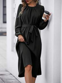 SHEIN Clasi 純色百褶腰帶襯衫連身裙