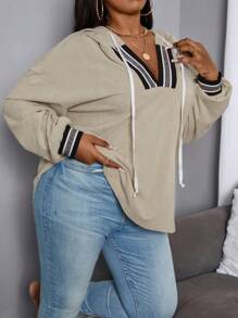 Maweii 女士加大码条纹抽绳卫衣 - 杏色 - 查看 5