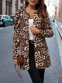SHEIN Clasi Abrigo con estampado de leopardo de manga gigot con parte delantera abierta - Multicolor - Ver 4
