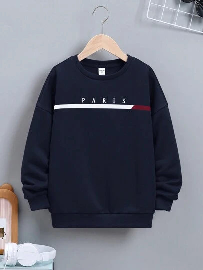 SHEIN 10到14歲男孩寬鬆休閒純色基本圓領運動衫,帶有英文圖案