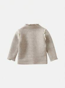 Girls' Floral Embroidered Drop Shoulder Ribbed Sweater - Khaki - View 2