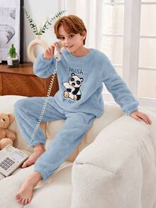 SHEIN Con trai Gấu trúc & Thư thêu Đồ ngủ Mặc Bộ Có Áo Và Quần - Màu xanh lam - Xem 6