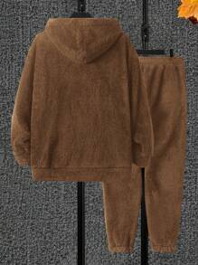 RueChic Men's Simple Solid Color Hooded Sweatshirt And Sweatpants Two-piece Set - Camel - View 2