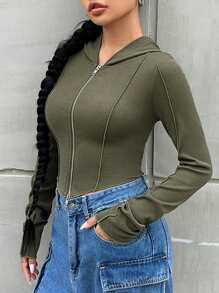 SHEIN EZwear Zip Up Hooded Crop Top - Army Green - View 4