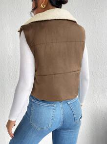 SHEIN Frenchy 秋冬拉链泰迪熊衬里背心外套 - 巧克力棕 - 查看 2