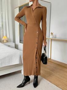 SHEIN Essnce Women's Long Sleeve Dress With Collar And Buttoned Hem - Mocha Brown - View 5