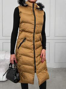 EURMUSE Fuzzy Trim Hooded Puffer Vest Coat - Orange - View 5