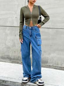 SHEIN EZwear Zip Up Hooded Crop Top - Army Green - View 5