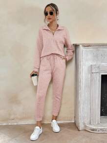 SHEIN LUNE Half Zip Drop Shoulder Sweatshirt & Sweatpants - Dusty Pink - View 3