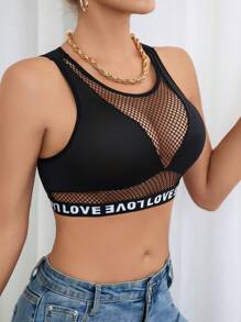 SHEIN Áo ngực thể thao dạng băng chữ & lưới tương phản - màu đen - Xem 1