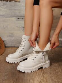 女士保暖内衬战斗靴，纯色双拉链短靴，冬季保暖户外靴 - 米色 - 查看 5