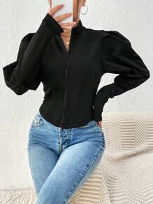 SHEIN Clasi Của phụ nữ Tay áo chân cừu Dây kéo Áo khoác - màu đen - Xem 5