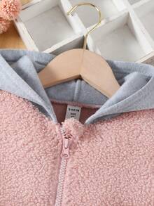 SHEIN 幼兒女童格式毛絨帽夾克,對比色及毛茸茸效果 - 彩色 - 查看 4