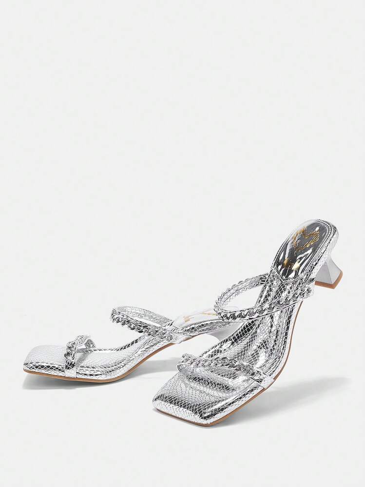 CUCCOO SZL Zapatillas De Moda Para Mujeres Con Decoración De Cadena De Metal - Plateado - Ver 3
