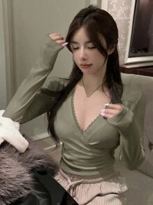 DAZY V领修身长袖T恤，秋季复活节服装 - 綠色 - 查看 5