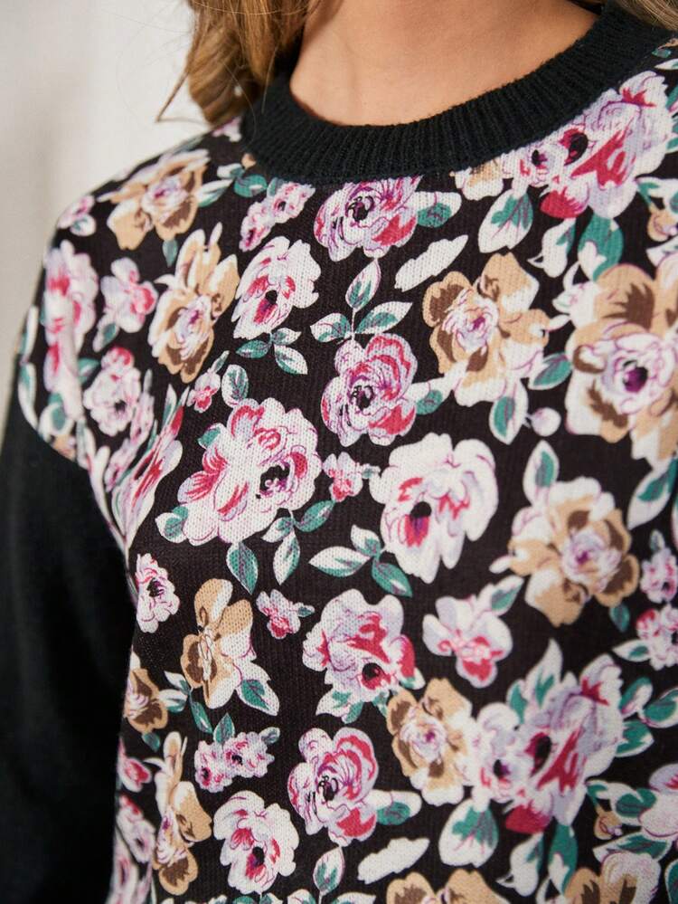 Ladies' Floral Print Round Neck Long Sleeve Sweater Winter Vacation Flower Black Casual