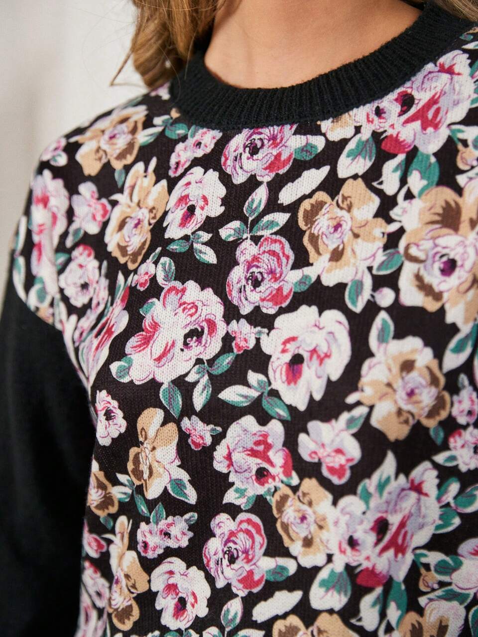 Ladies' Floral Print Round Neck Long Sleeve Sweater Winter Vacation Flower Black Casual