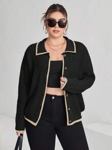 SHEIN Essnce Plus Size Colorblock Edging Cardigan - Black - View 3